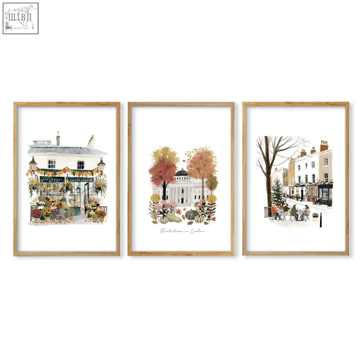 Set of three framed watercolor london travel wall living art prints in soft terracotta autumnal tones for living room