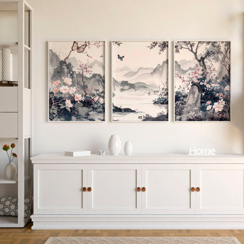 Picture Walls Living Room | Set of 3 Chinoiserie Wall art Prints