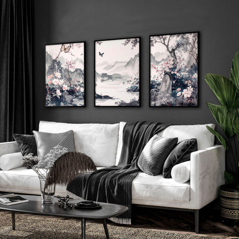 Picture Walls Living Room | Set of 3 Chinoiserie Wall art Prints