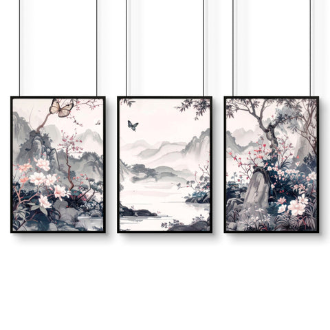 Picture Walls Living Room | Set of 3 Chinoiserie Wall art Prints