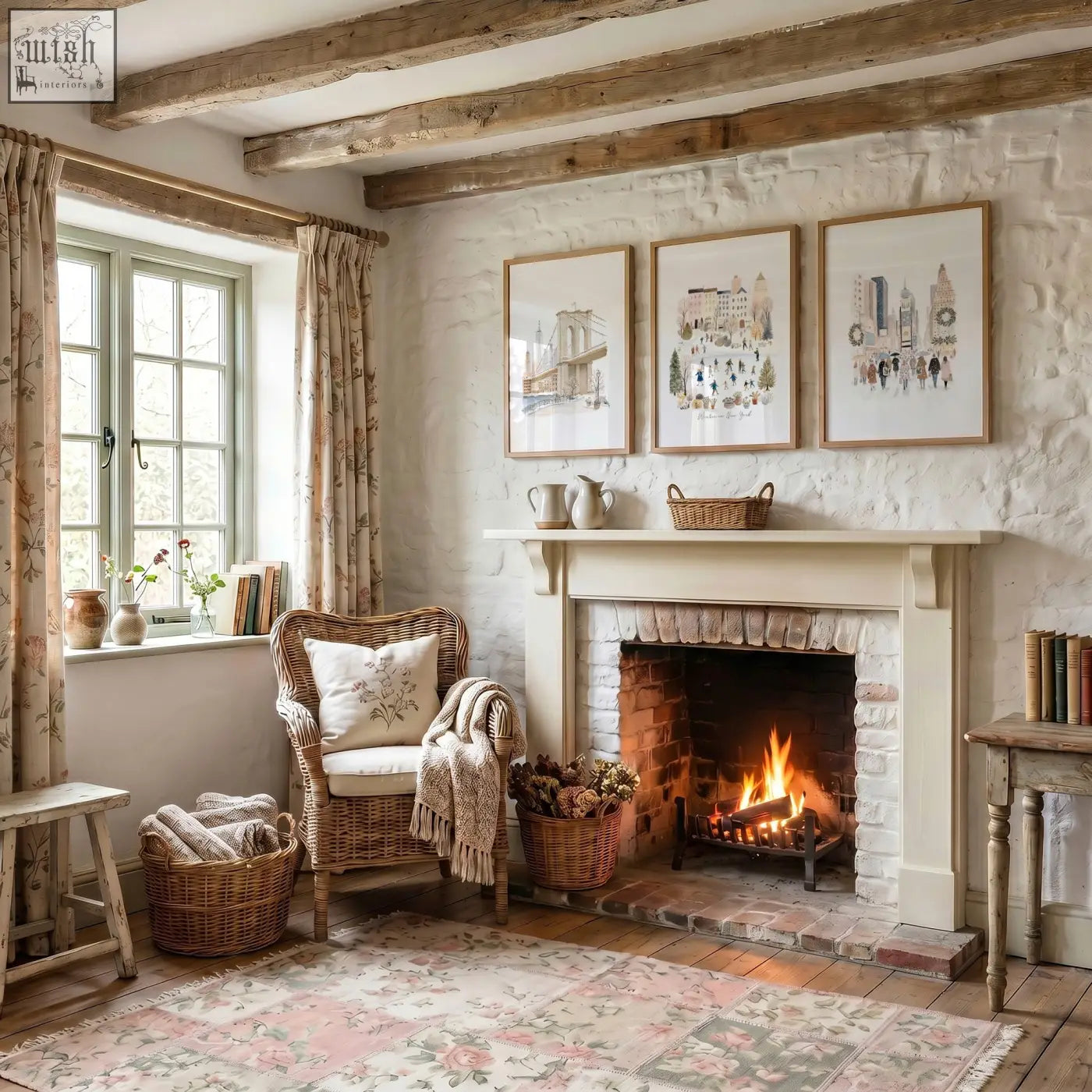 Cream-colored fireplace mantel with white brick surround and wooden beams featuring winter in new york travel wall art prints