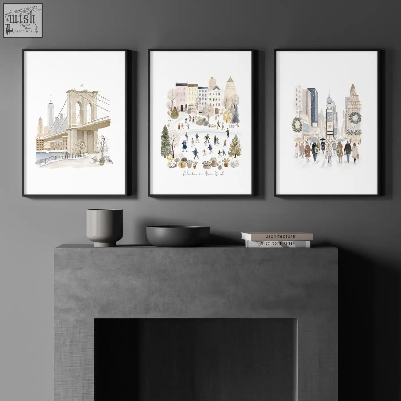 Three black framed watercolor travel wall art prints with white matting showing winter in new york city scenes