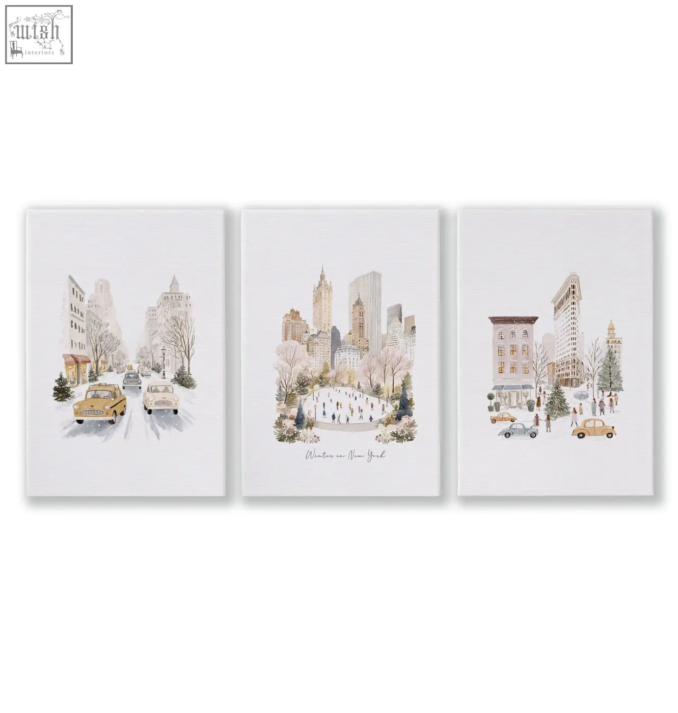 Set of three watercolor wall art prints on canvas showing snowy new york cityscapes with vintage cars travel wall