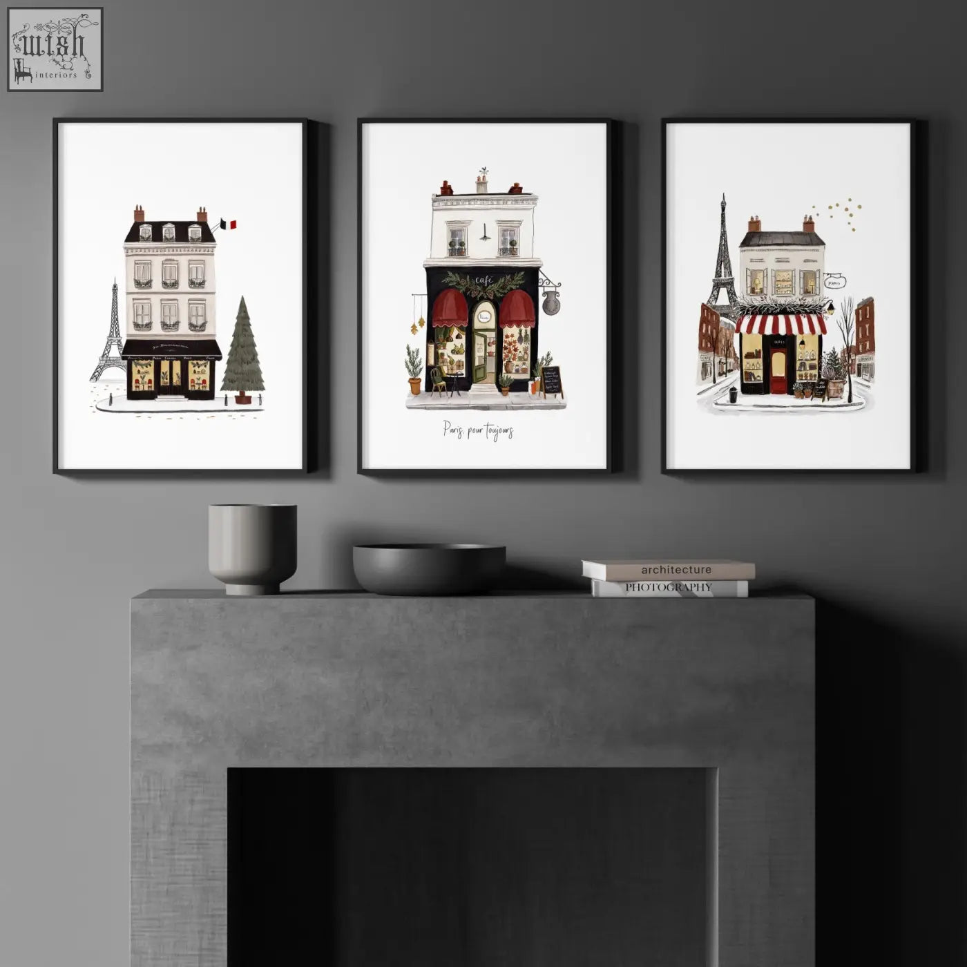 Three framed paris boutique street scenes with eiffel tower illustrations in black frames for above fireplace decor pour toujours
