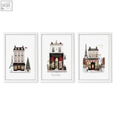 Set of three framed parisian boutique street scenes illustrations in white frames for above fireplace decor pour toujours