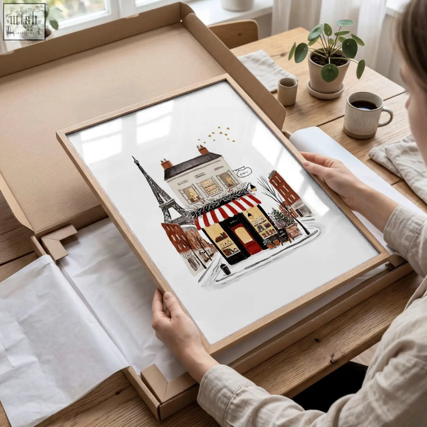 A framed illustration of a paris boutique street scene with eiffel tower featuring a red and white awning pour toujours