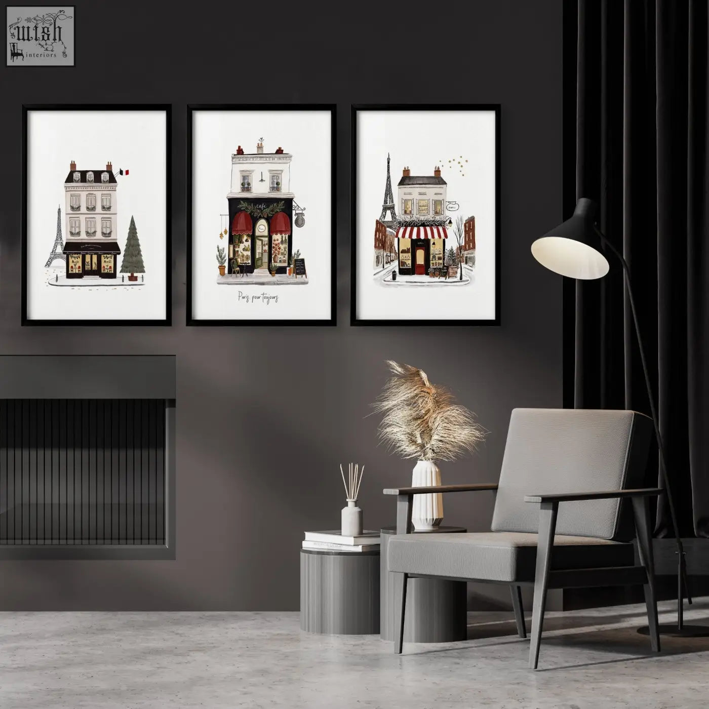 Three framed parisian boutique street scenes with red awnings and eiffel tower for above fireplace pour toujours set of 3