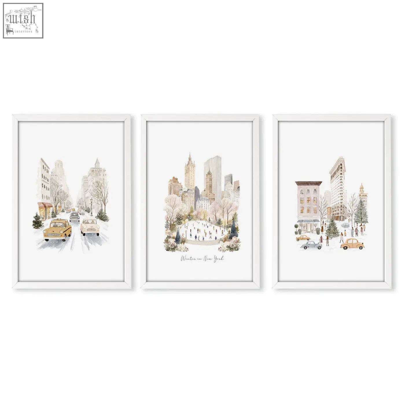 Set of three white-framed watercolor art prints featuring snowy new york city scenes perfect as travel wall art
