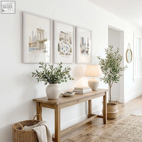 A white ceramic vase with eucalyptus branches featured in winter in new york nyc travel wall art prints set