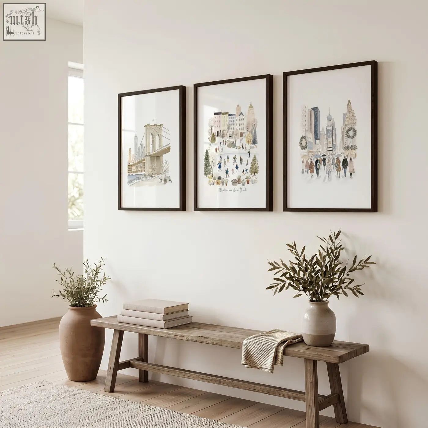 Three framed black and white matted art prints of brooklyn bridge winter nyc and modern skyline travel wall art