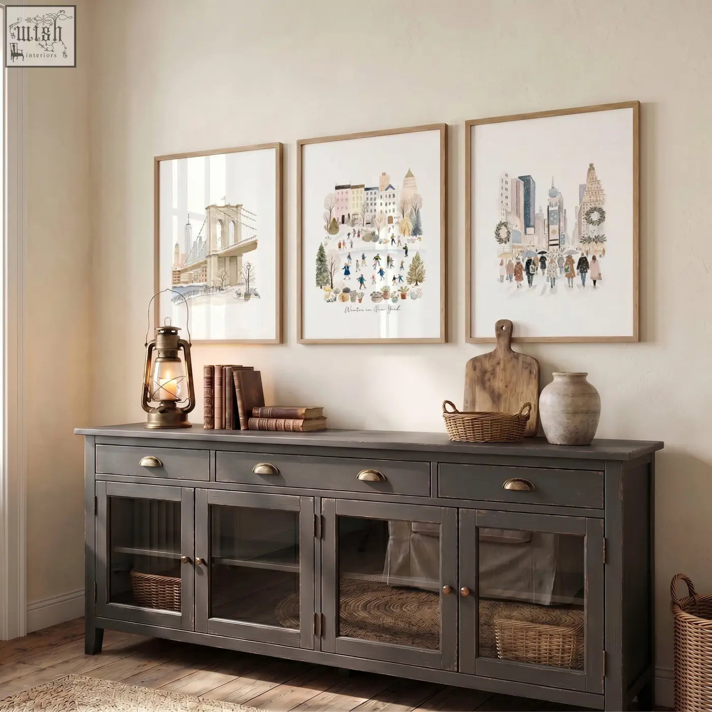 Dark gray wooden sideboard with glass-paneled doors and brass handles showcasing winter in new york travel wall art prints