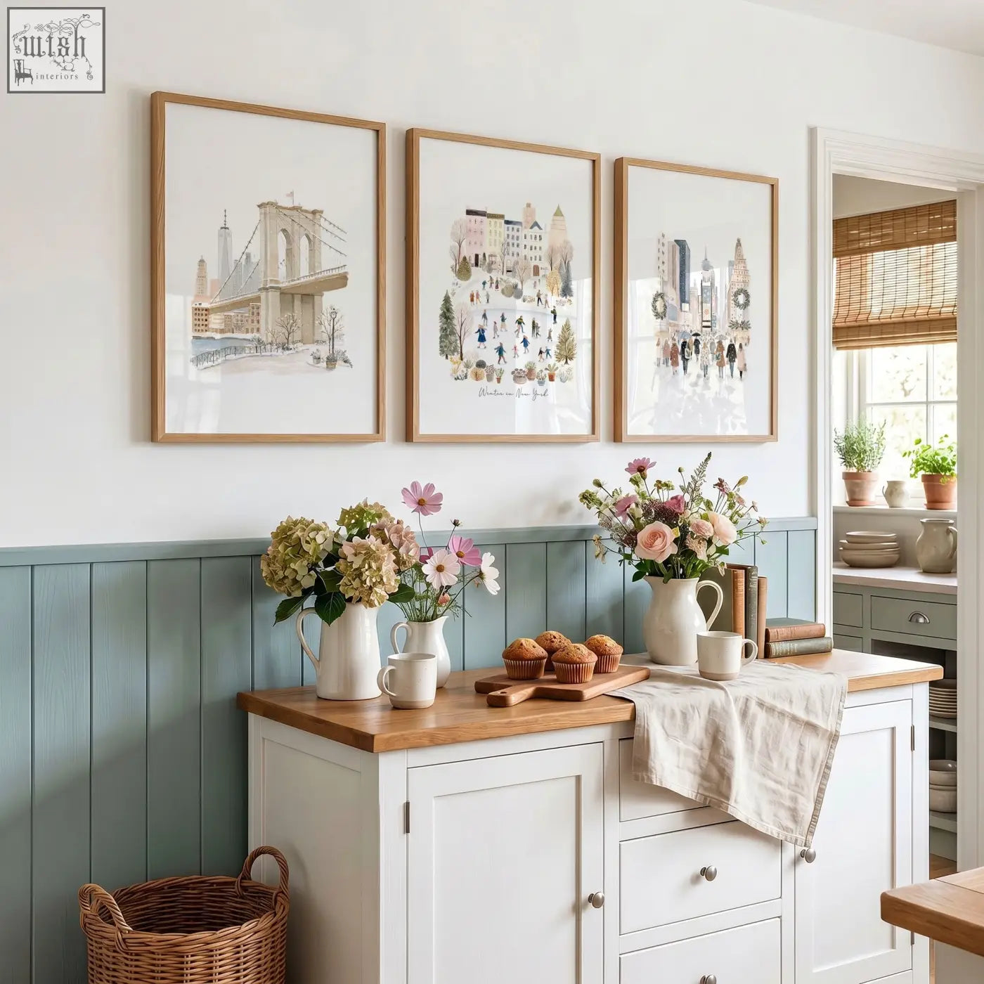 Three beige pastel travel wall art prints of new york winter scenes hang above a wooden kitchen countertop