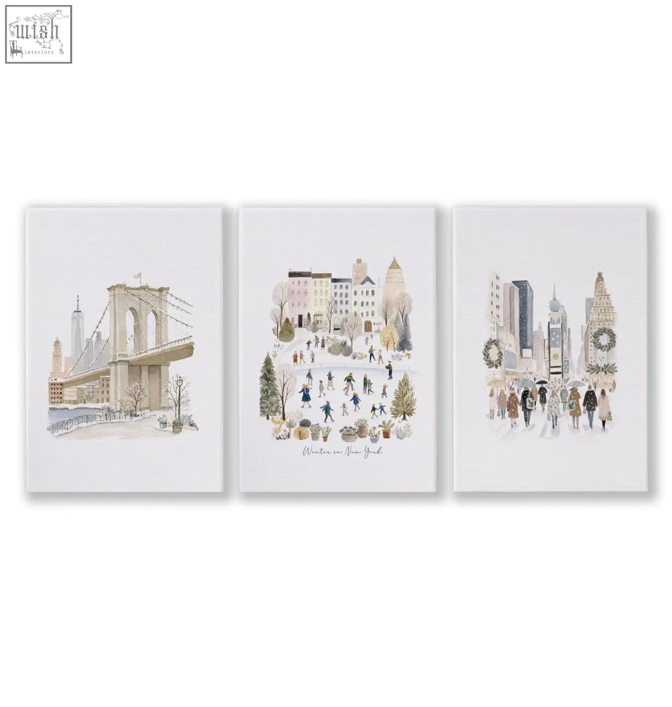 Set of three beige pastel travel wall art prints featuring new york winter scenes on canvas for kitchen decor