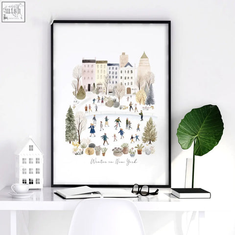 Black framed art print of new york winter scene with people ice skating soft beige pastel travel wall art