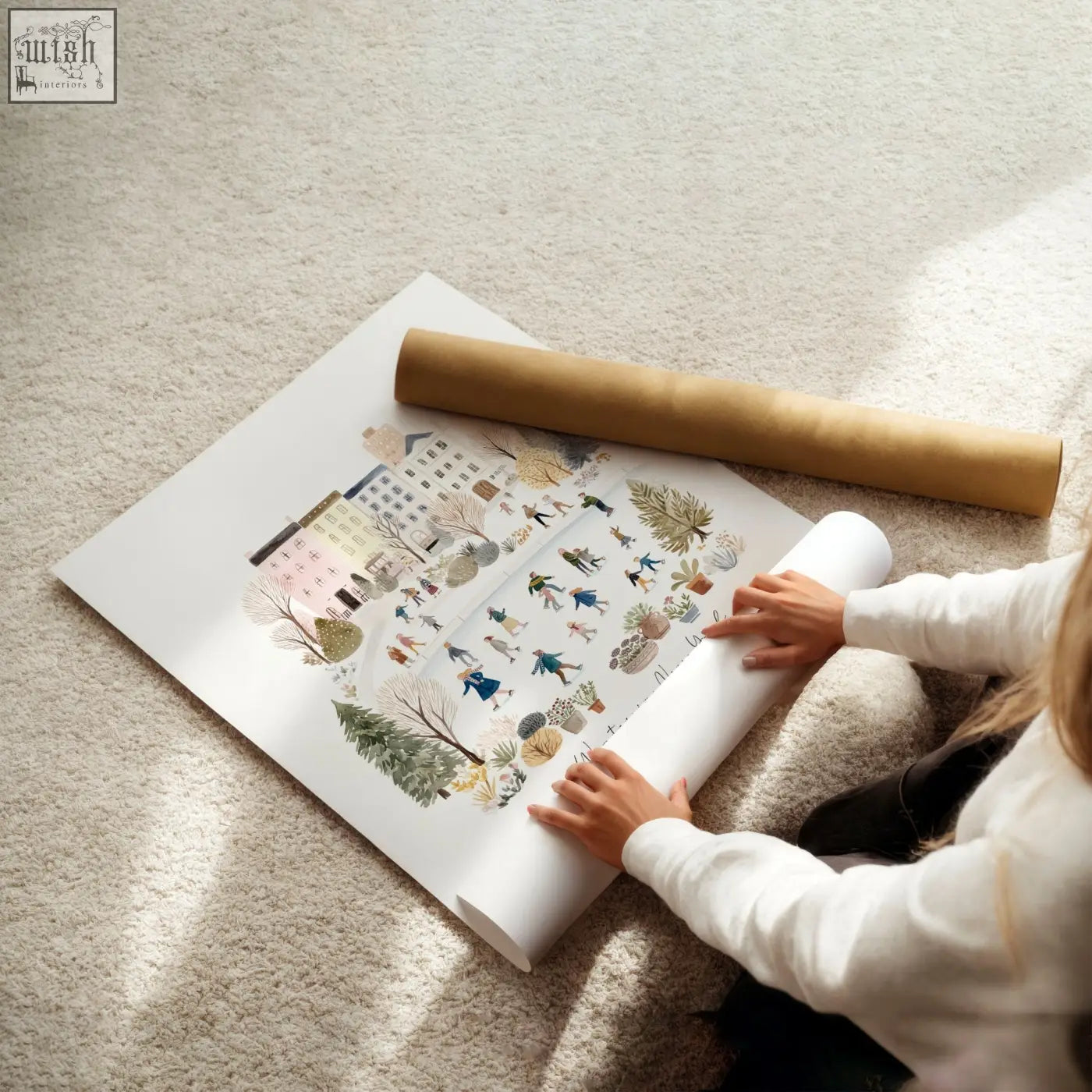 A charming illustrated wall art print featuring a whimsical new york winter street scene in beige pastel tones