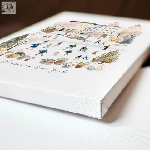 White canvas art prints featuring beige pastel travel wall art of winter in new york with skating people and trees