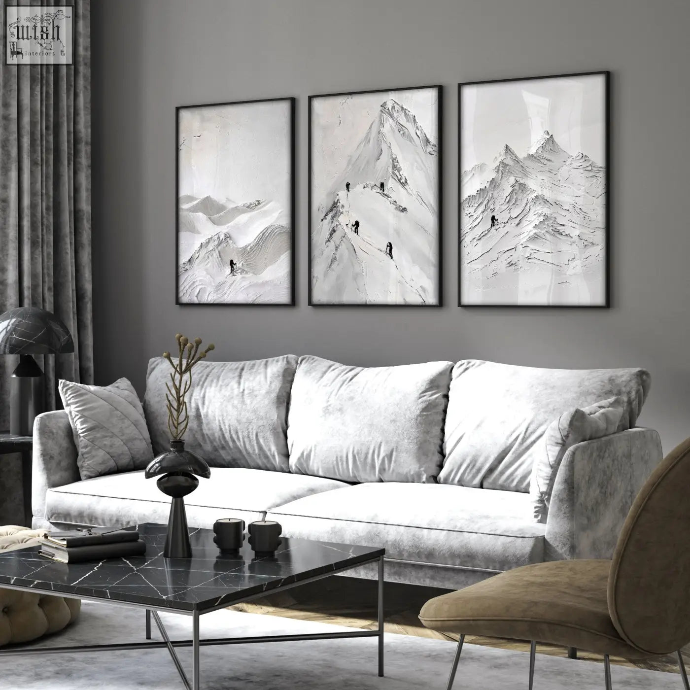 Gray velvet sofa with plush cushions and modern minimalist design perfect for cozy living room walls decor
