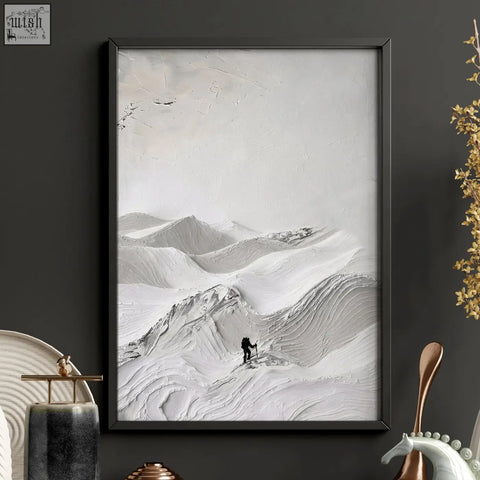 Black-framed abstract mountain landscape painting with textured white and gray tones perfect for living room walls