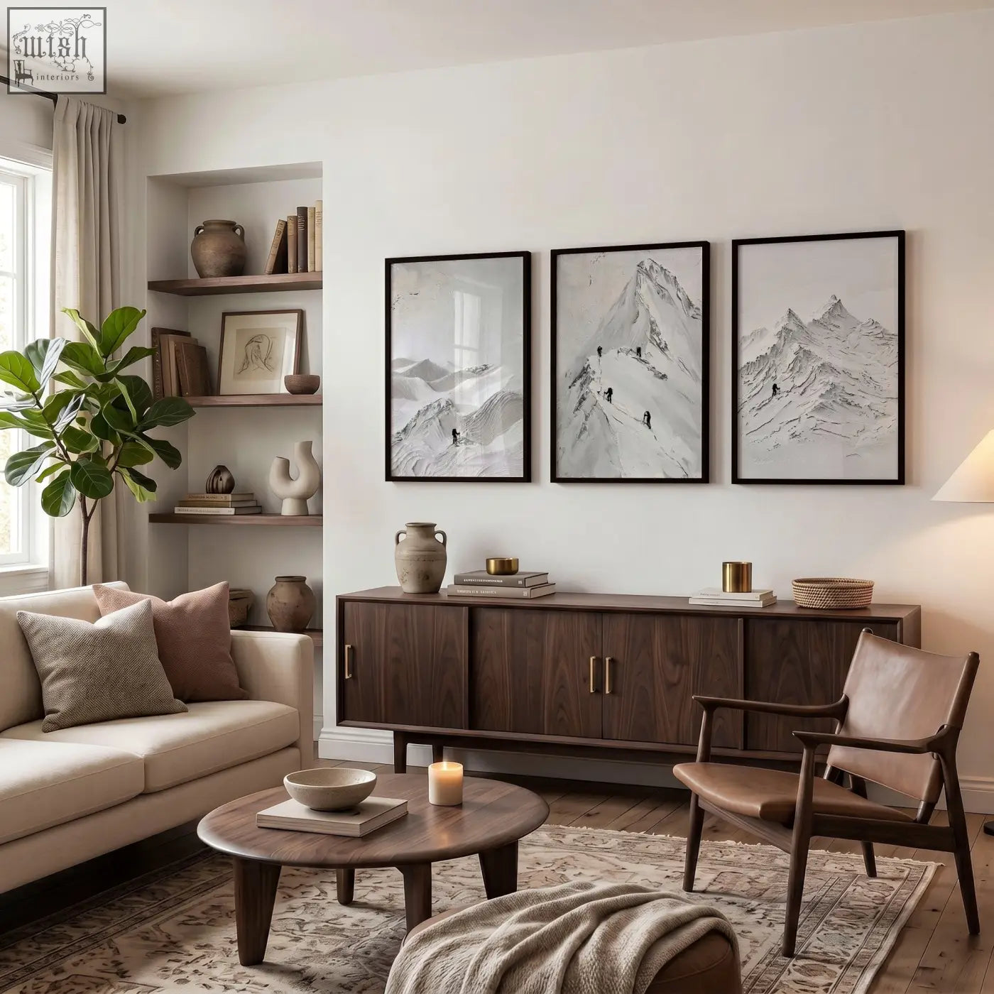 Dark wood sideboard with metal handles and minimalist design decorating living room walls with scandi mountain climbers art