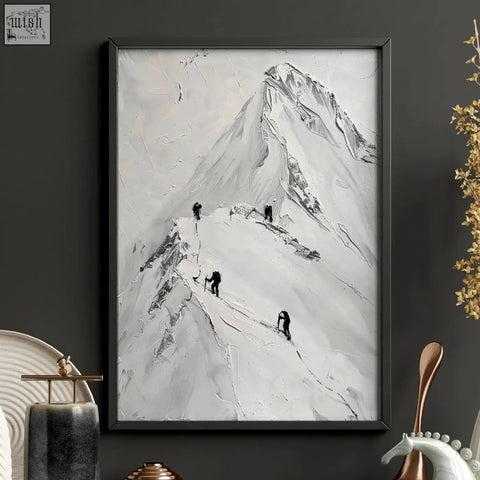Black-framed monochrome scandi mountain climbers wall art prints perfect for living room walls and room walls decor