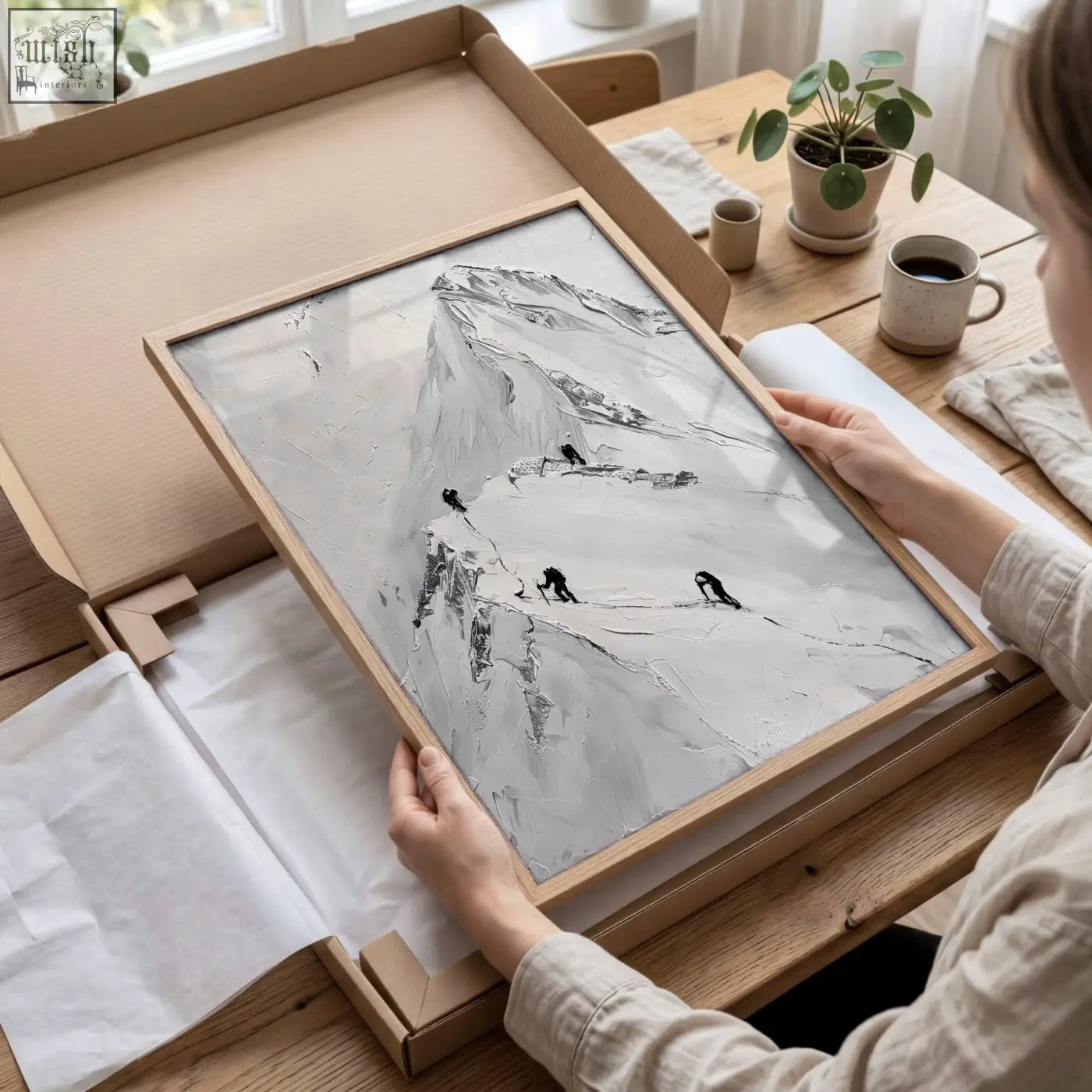 Minimalist scandi mountain climbers wall art print in gray and black textured tones framed for living room walls