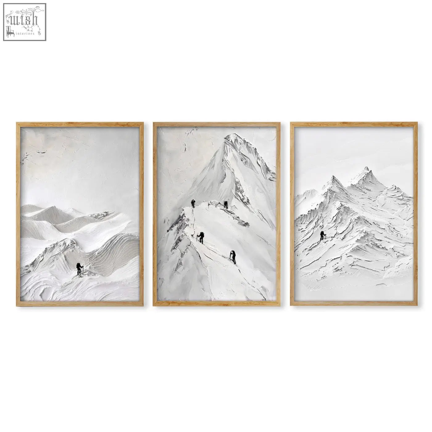 Set of three framed black and white scandi mountain climbers art prints with light wood frames for living room walls