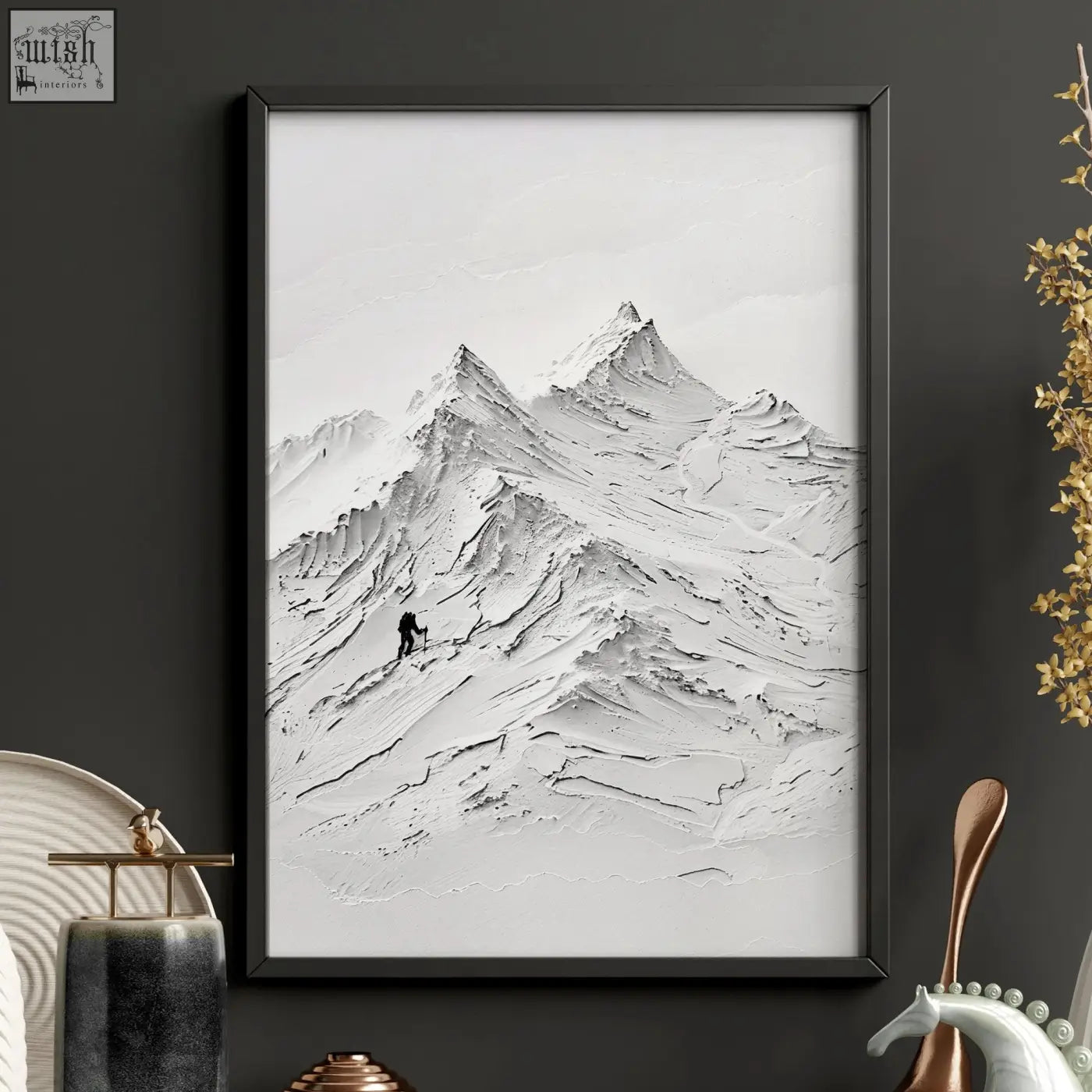 Black-framed textured monochromatic mountain climbers wall art prints perfect for living room walls in a set of 3