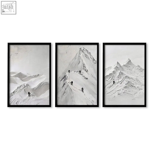 Set of three black-framed monochrome mountain climbers art prints perfect for living room walls or room walls decor
