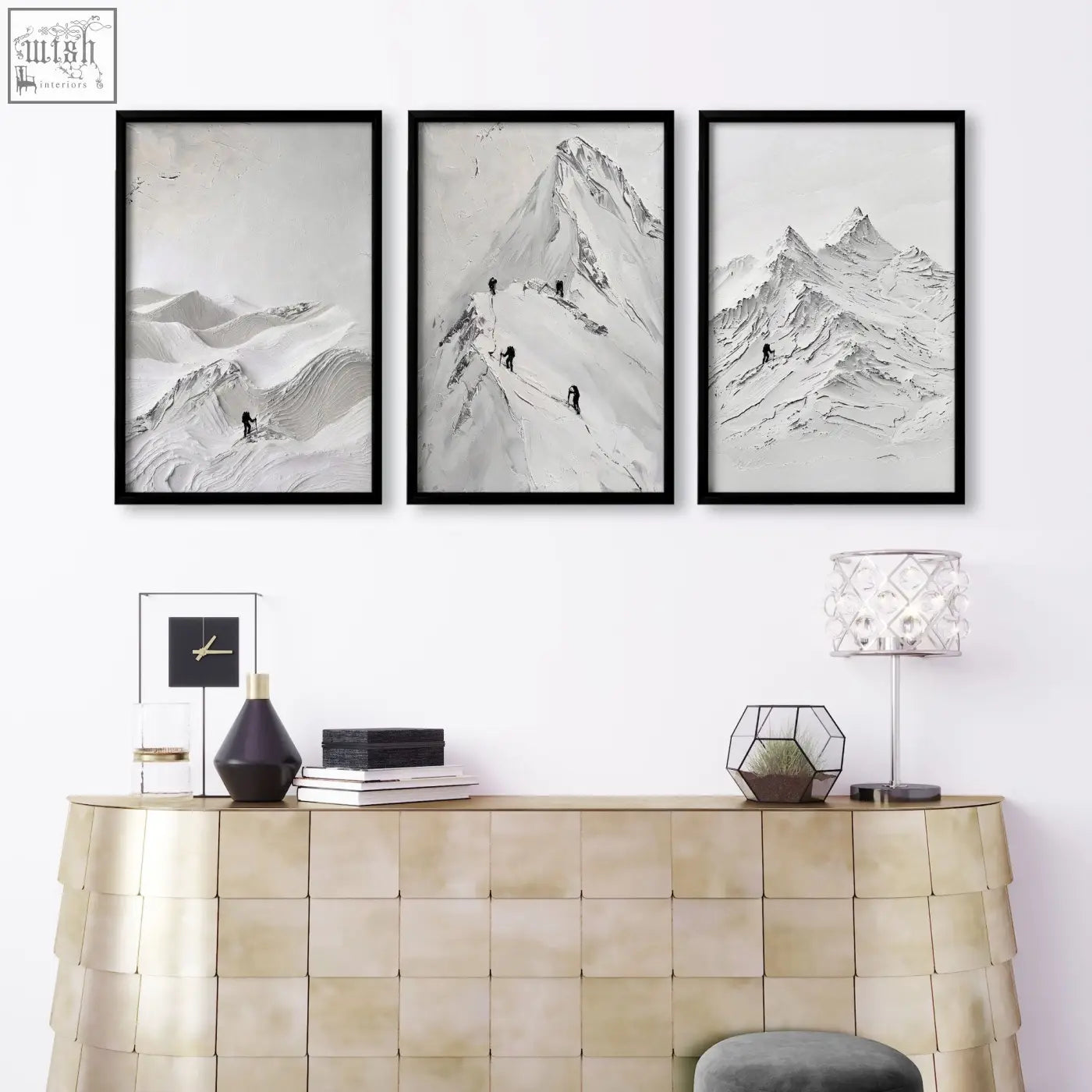 Three black-framed minimalist mountain climbers art prints perfect for living room walls and modern room walls decor
