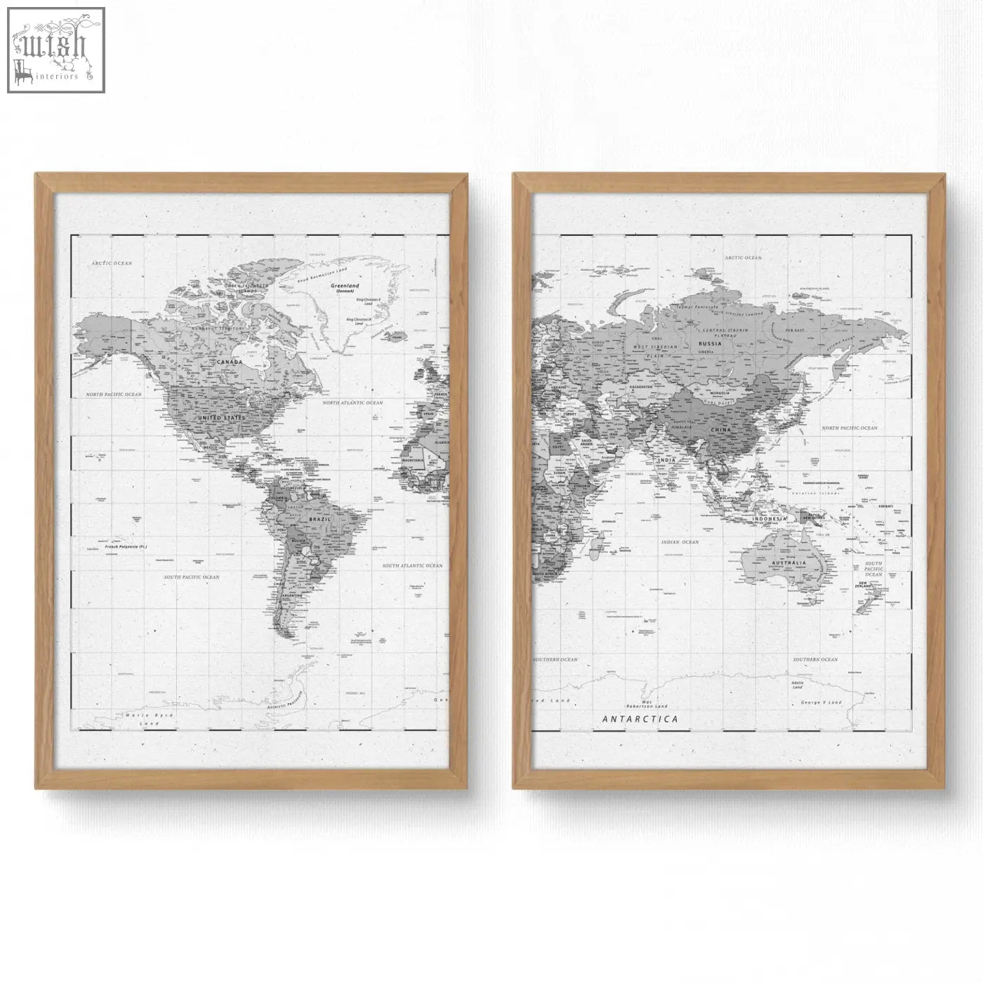 Two framed vintage grey world map wall art prints in light wood frames perfect for your living room decor