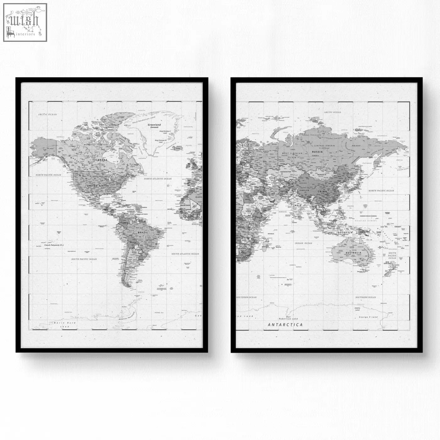 Two framed vintage grey world map wall art prints in black frames perfect for living room decor