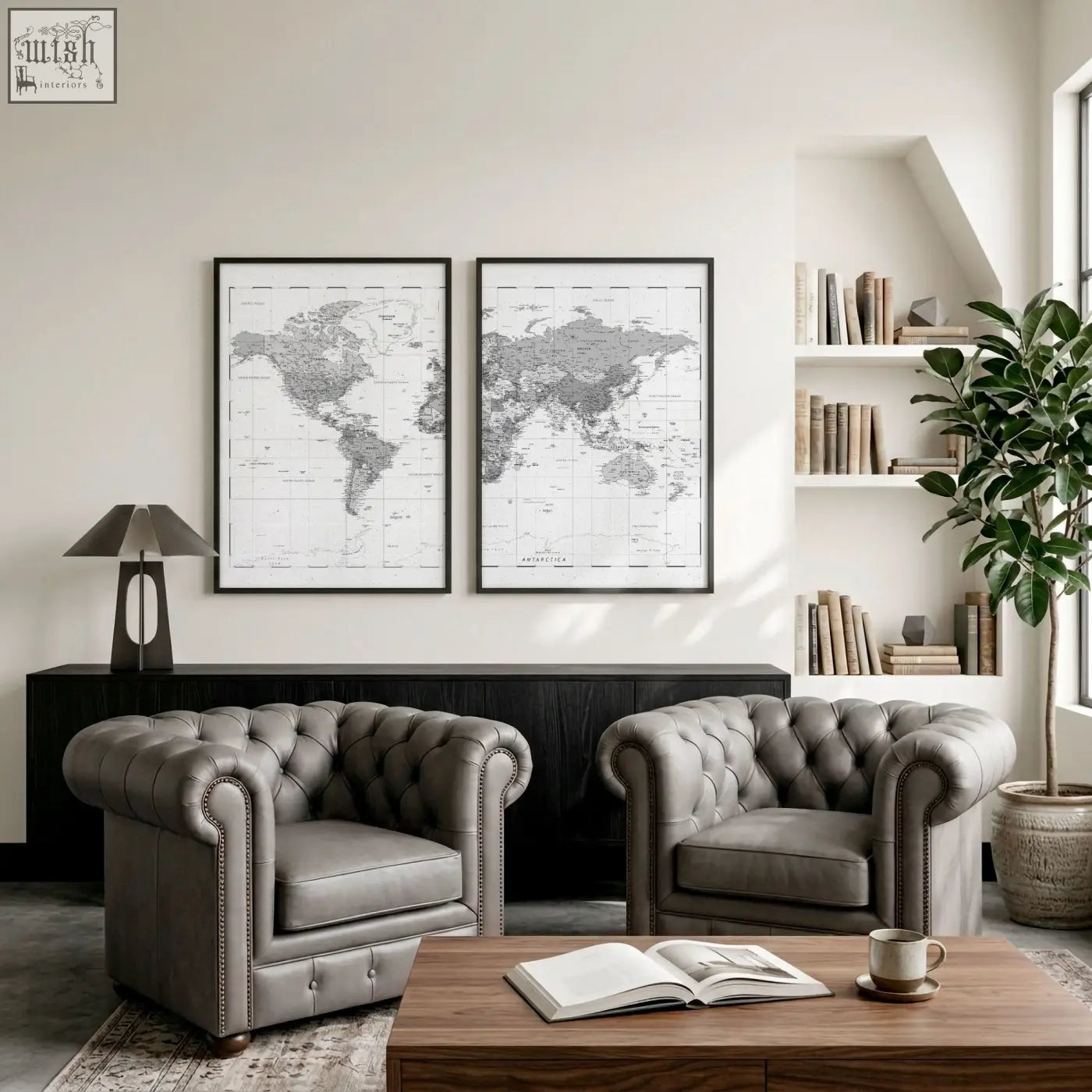 Pair of gray tufted leather chesterfield armchairs with nailhead trim perfect for a stylish living room setup