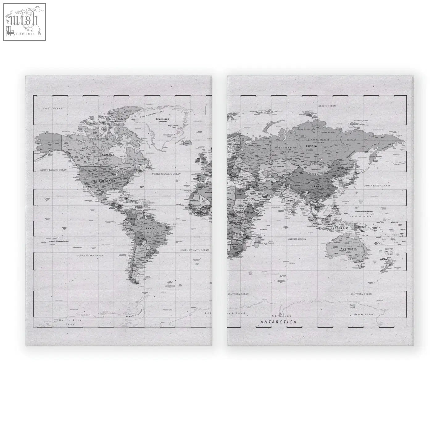 Set of 2 vintage grey world map wall art prints with minimalist detailed borders perfect for your living room decor