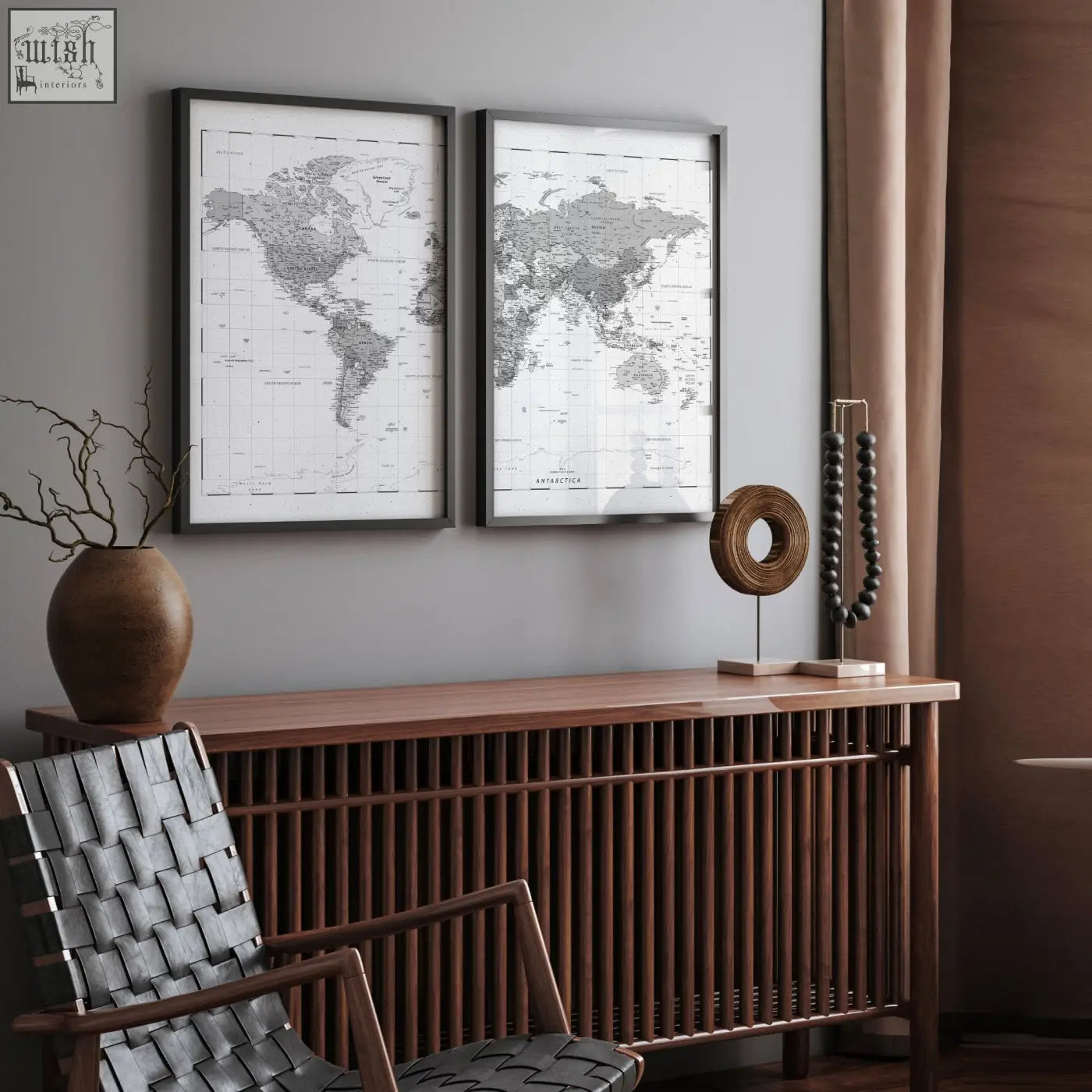 Two vintage grey world map wall art prints with black frames on white paper perfect for living room decor