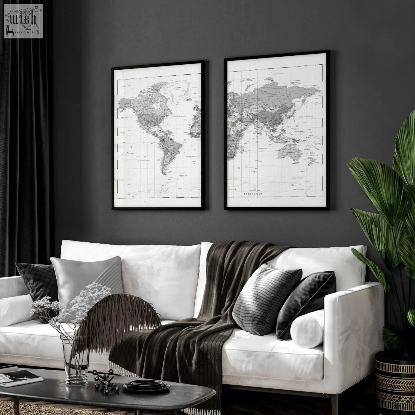 Two vintage grey world map wall art prints in sleek black frames perfect for living room decor