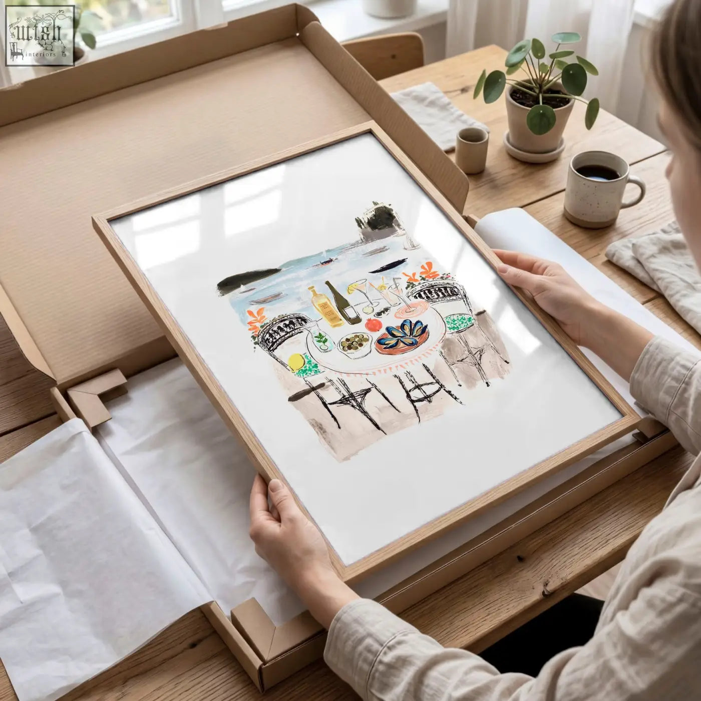 A light wood-framed wall art print featuring a colorful outdoor dining scene from sotto il sole amalfi set of 3