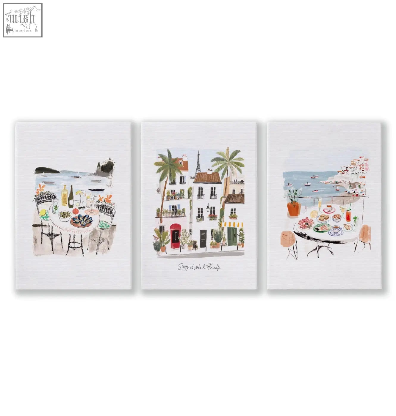 Set of three soft watercolor wall art prints featuring charming european seaside scenes for bedroom decor sotto il sole