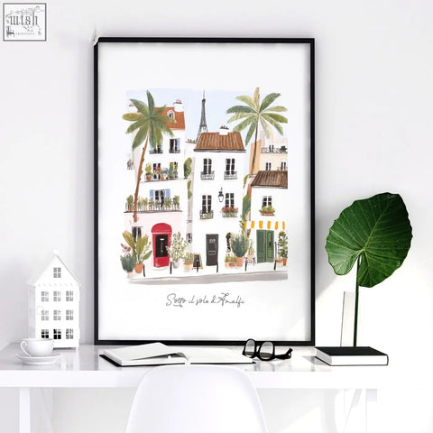 Black-framed wall art print featuring sotto il sole parisian street scene with watercolor buildings and eiffel tower