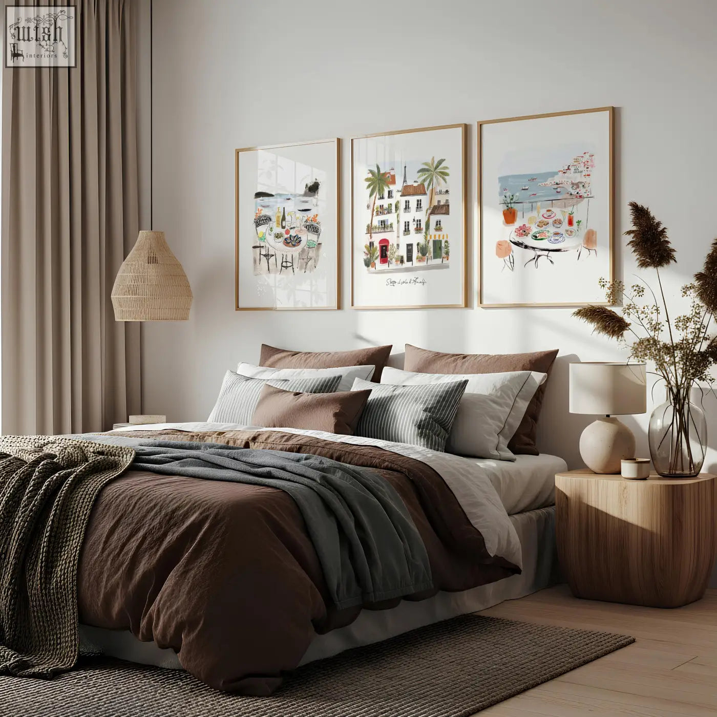 Cozy brown and gray layered bedding set with textured knit throw blanket and sotto il sole wall art prints in coastal style
