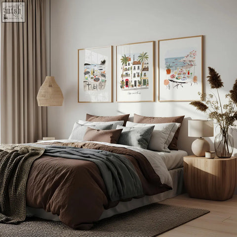 Cozy brown and gray layered bedding set with textured knit throw blanket and sotto il sole wall art prints in coastal style