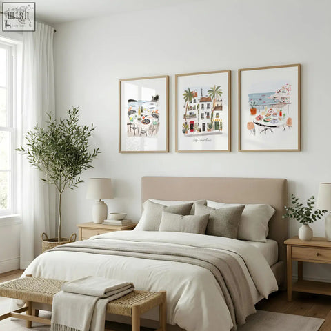 Beige upholstered bed with matching pillows and neutral throw blanket below sotto il sole wall art prints set of 3