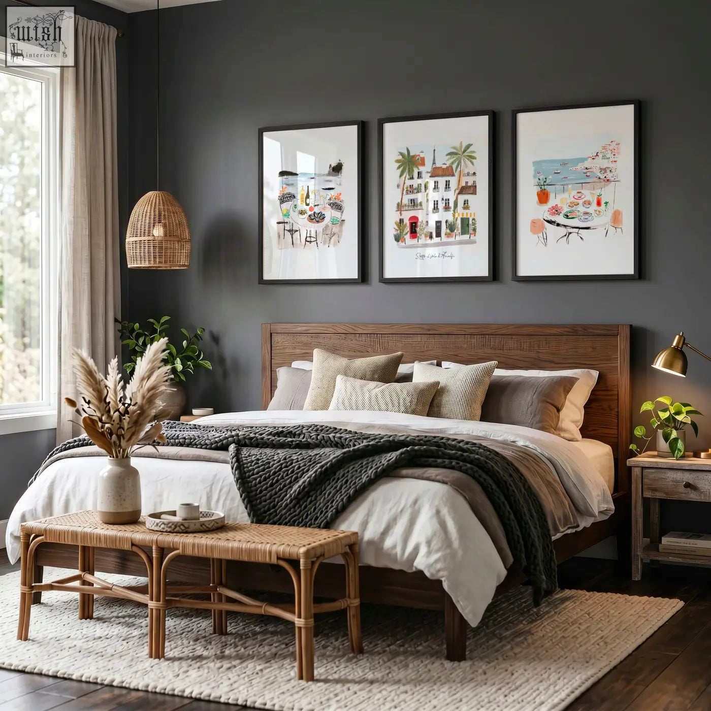Wooden bed with dark brown finish and neutral pillows below sotto il sole wall art prints for bedroom coastal decor