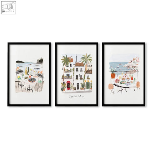 Set of three black-framed watercolor wall art prints featuring coastal amalfi and parisian scenes sotto il sole