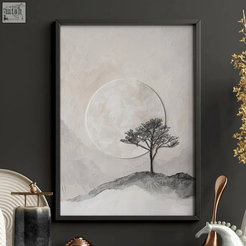 Black-framed minimalist artwork of a solitary tree under a large moon for bedroom wall scandinavian landscape set of 3