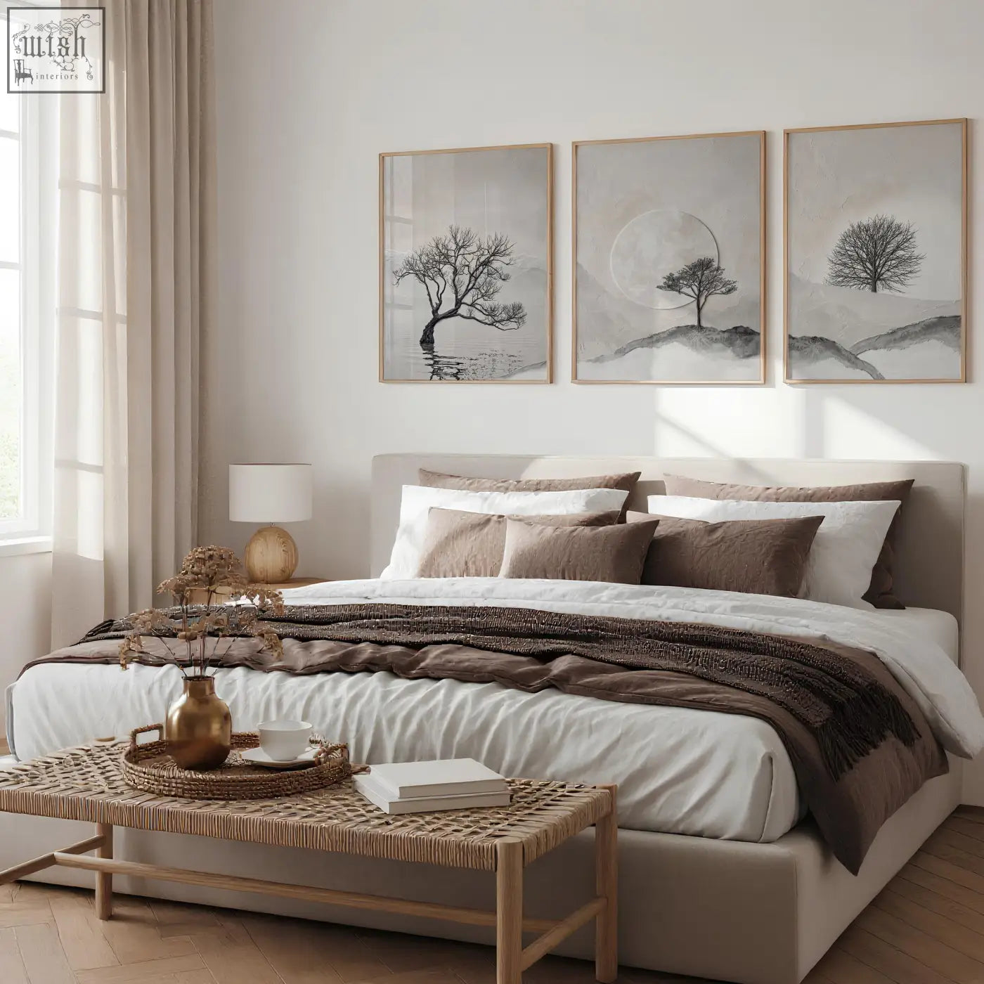 Beige upholstered bed with white and brown pillows and brown throw blanket in bedroom wall scandinavian landscape set of 3