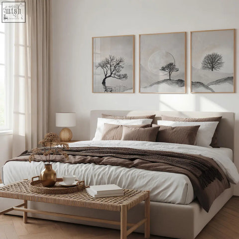 Beige upholstered bed with white and brown pillows and brown throw blanket in bedroom wall scandinavian landscape set of 3