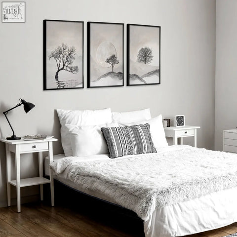 Set of three black-framed minimalist tree-themed wall art prints in beige and black perfect for bedroom wall scandinavian decor
