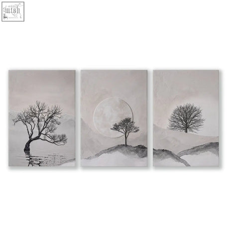Set of three minimalist abstract scandinavian landscape canvases with solitary trees for bedroom wall decor beige and black