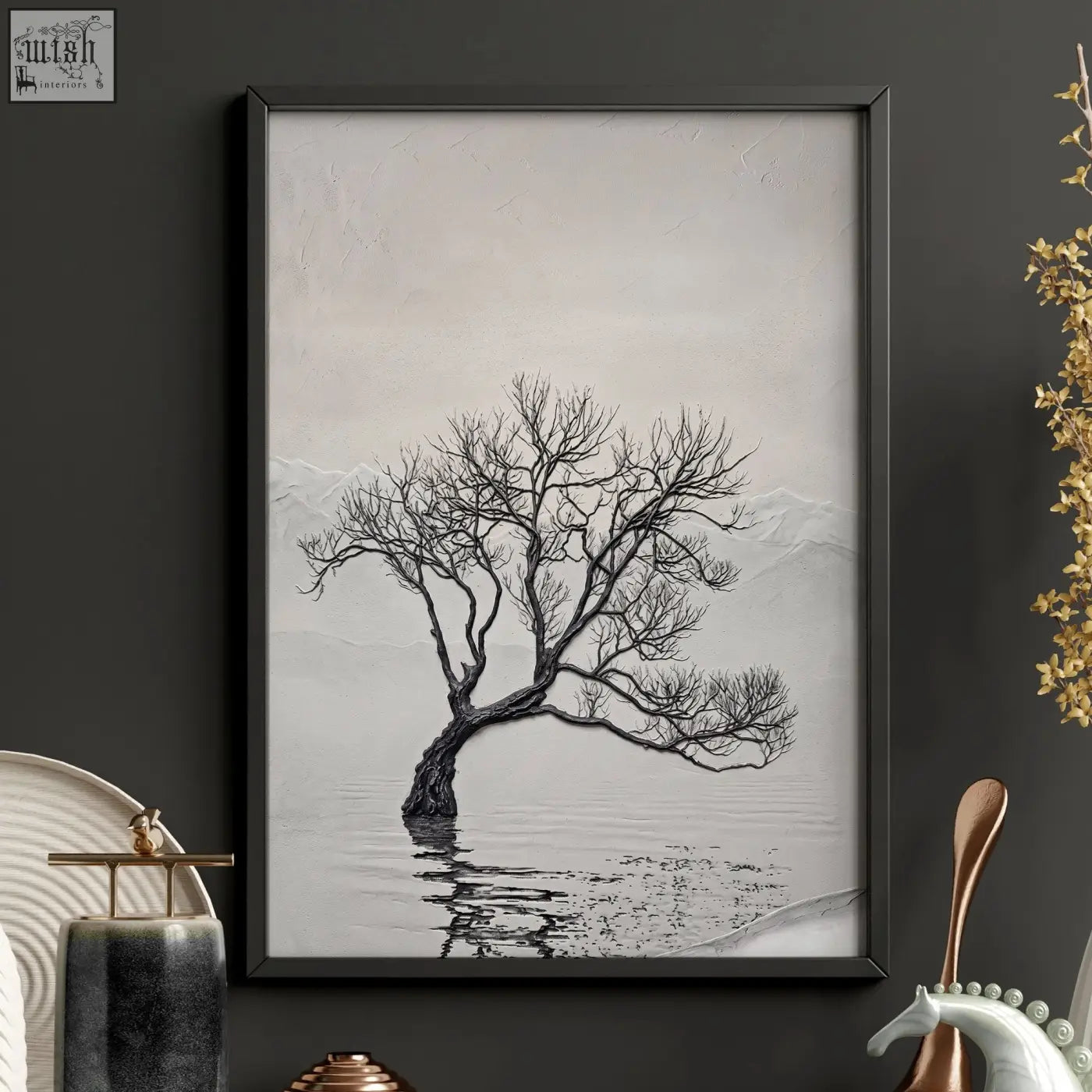 Black-framed minimalist artwork of a solitary leafless tree for bedroom wall scandinavian landscape set of 3