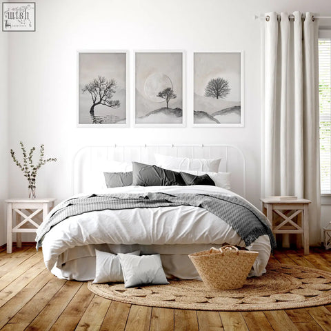 Set of three minimalist black and white framed bedroom wall scandinavian landscape art pieces with solitary trees